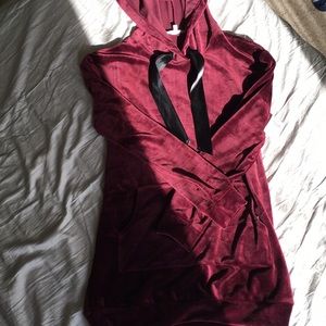 hooded maroon velvet dress